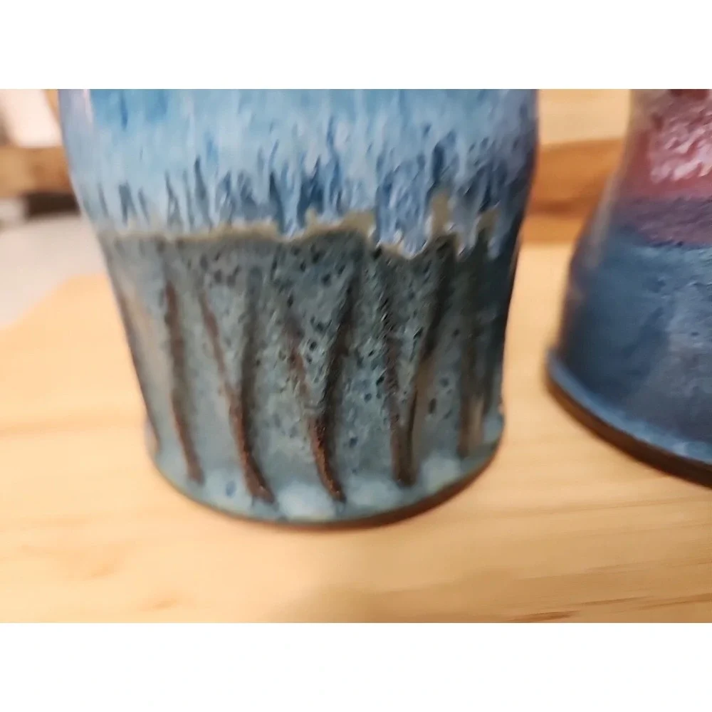 2 Vtg Stoneware Pottery Bud Vases Hand Turned Artist Signed Blue Drip Glaze 5